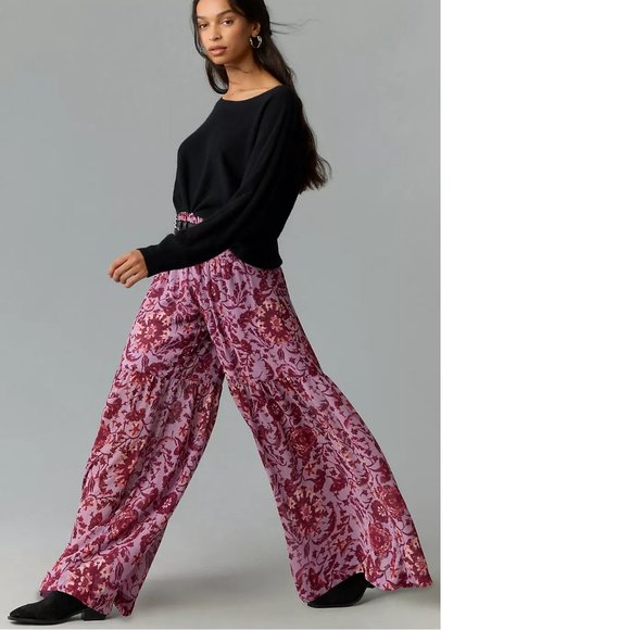 By Anthropologie Chiffon Tiered Wide-Leg Pants size M new purple floral - Picture 2 of 6